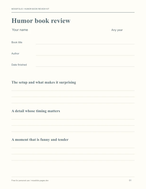 First page of Humor Book Review Kit; four-page free printable PDF