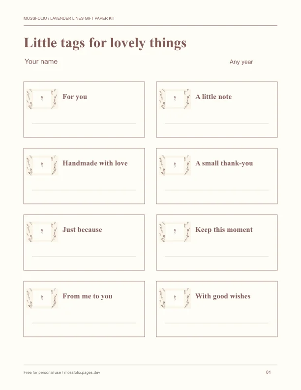 First page of Lavender Lines Gift Paper Kit; four-page free printable PDF