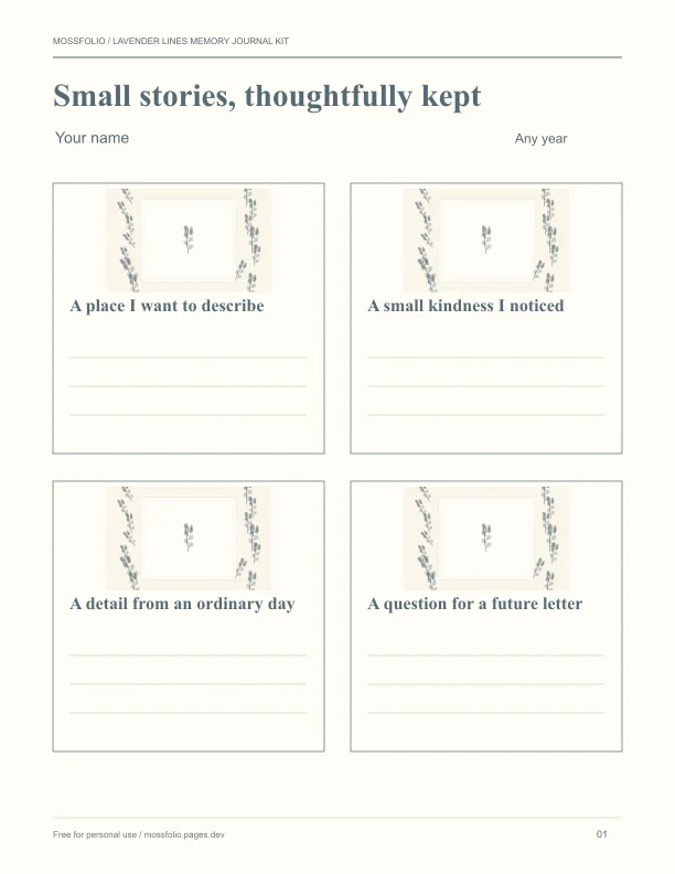 First page of Lavender Lines Memory Journal Kit; four-page free printable PDF