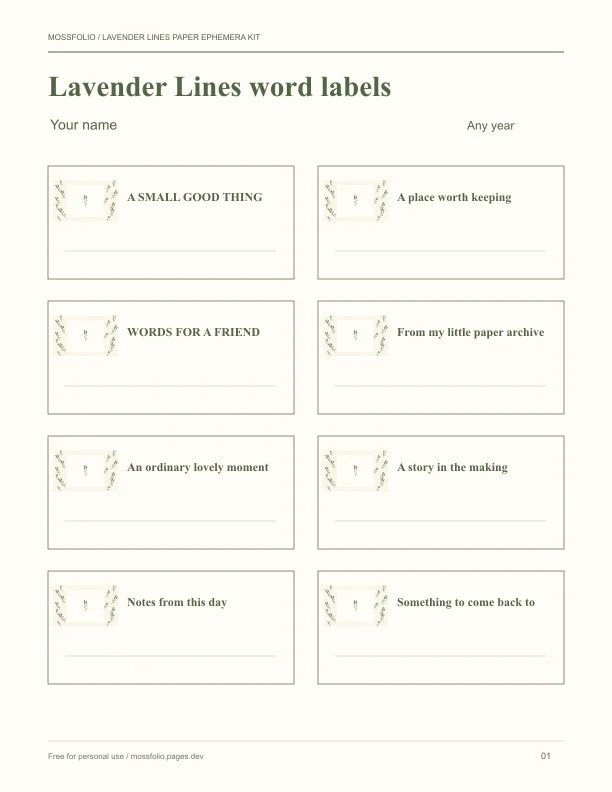 First page of Lavender Lines Paper Ephemera Kit; four-page free printable PDF