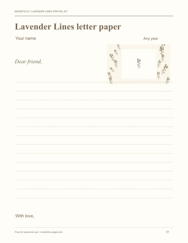First page of Lavender Lines Pen Pal Kit; four-page free printable PDF