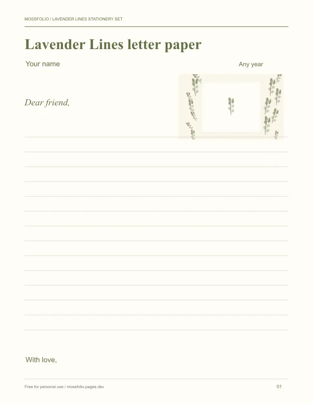 First page of Lavender Lines Stationery Set; four-page free printable PDF