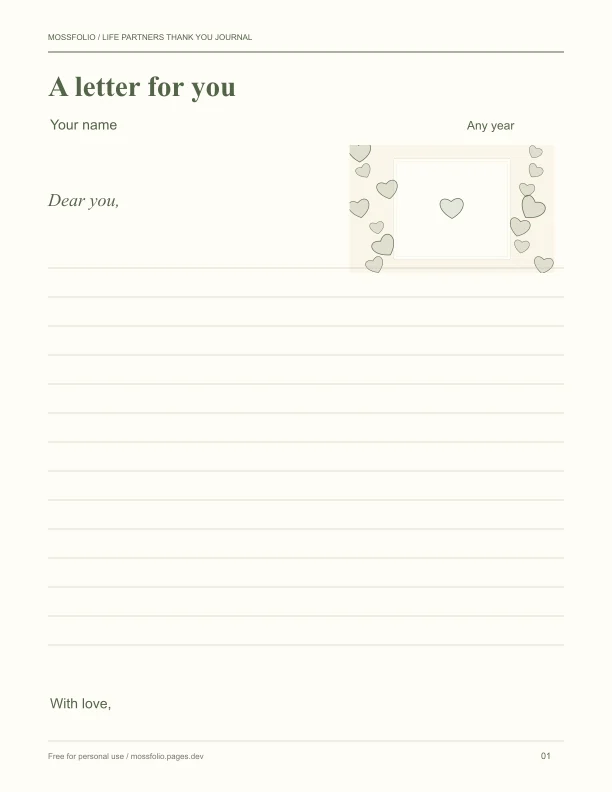 First page of Life Partners Thank You Journal; four-page free printable PDF