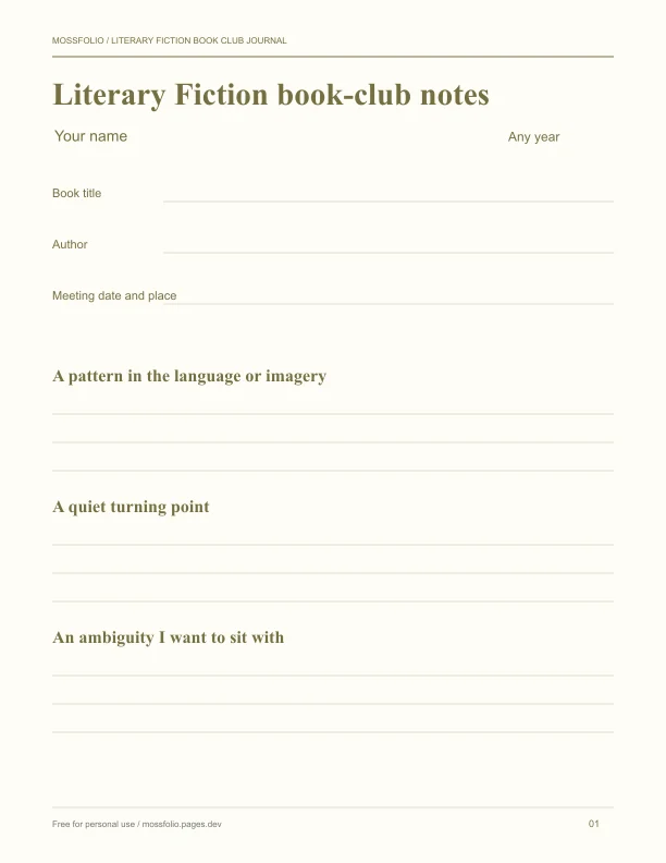 First page of Literary Fiction Book Club Journal; four-page free printable PDF