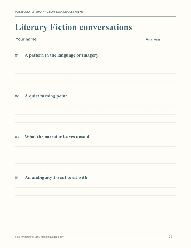 First page of Literary Fiction Book Discussion Kit; four-page free printable PDF