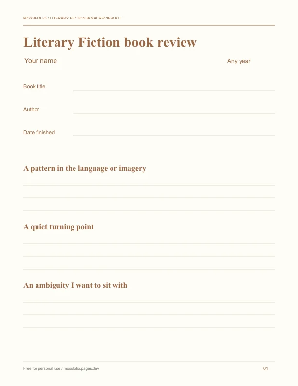 First page of Literary Fiction Book Review Kit; four-page free printable PDF
