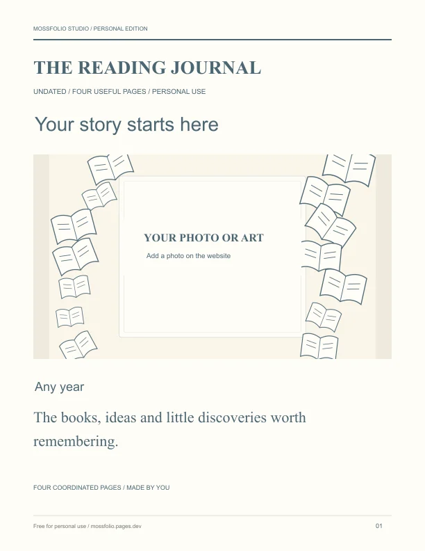 First page of Literary Fiction Reading Journal; four-page free printable PDF