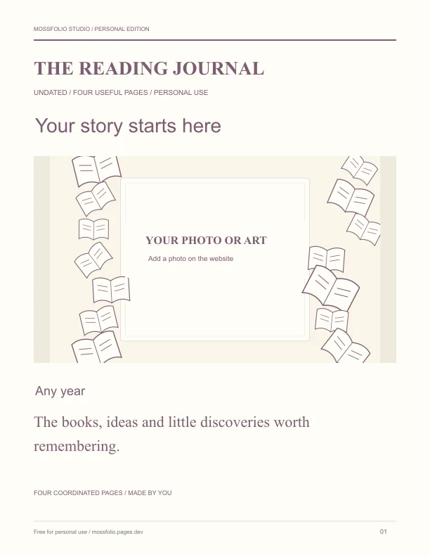 First page of Literary Fiction Reading Notebook; four-page free printable PDF