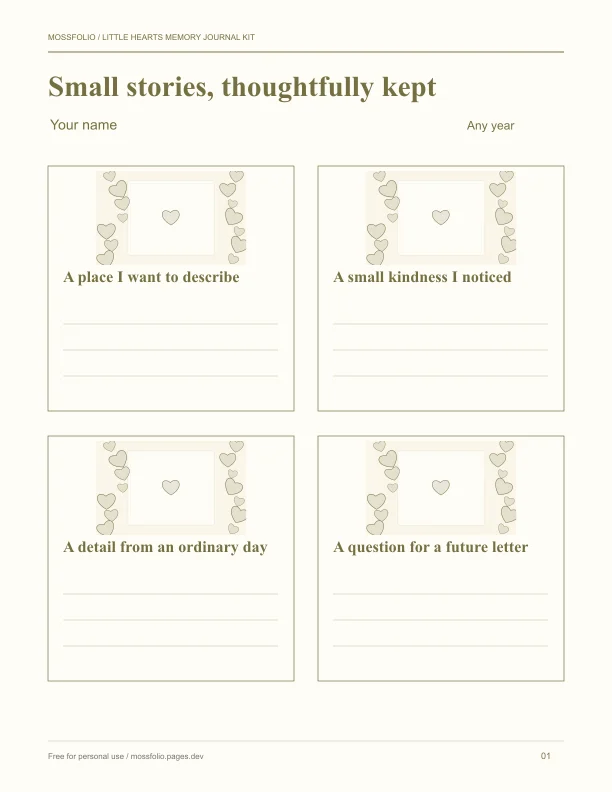 First page of Little Hearts Memory Journal Kit; four-page free printable PDF