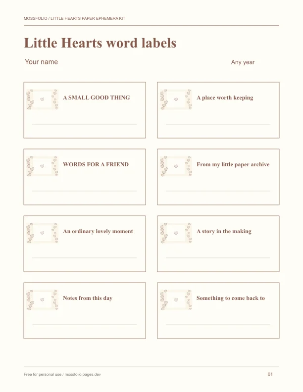 First page of Little Hearts Paper Ephemera Kit; four-page free printable PDF