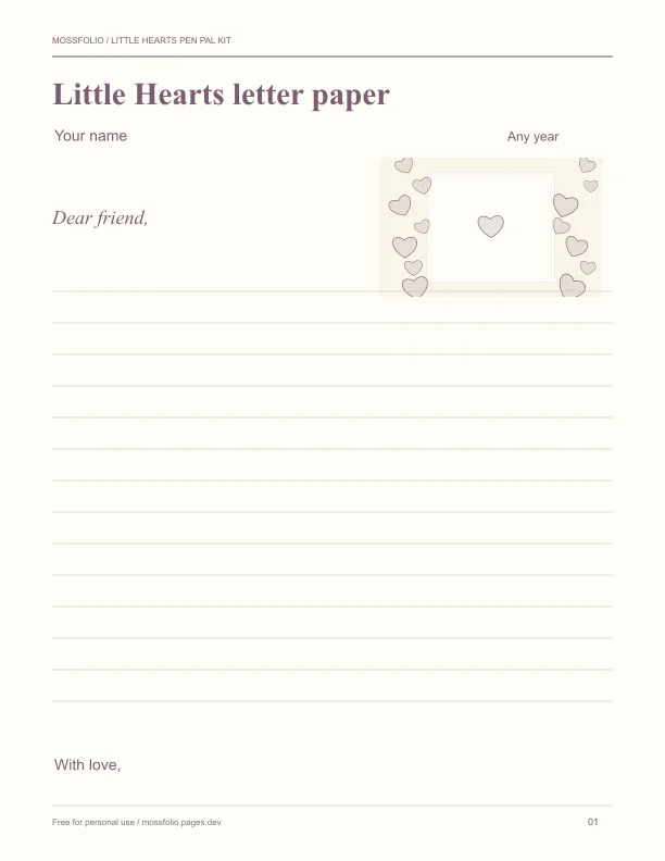 First page of Little Hearts Pen Pal Kit; four-page free printable PDF