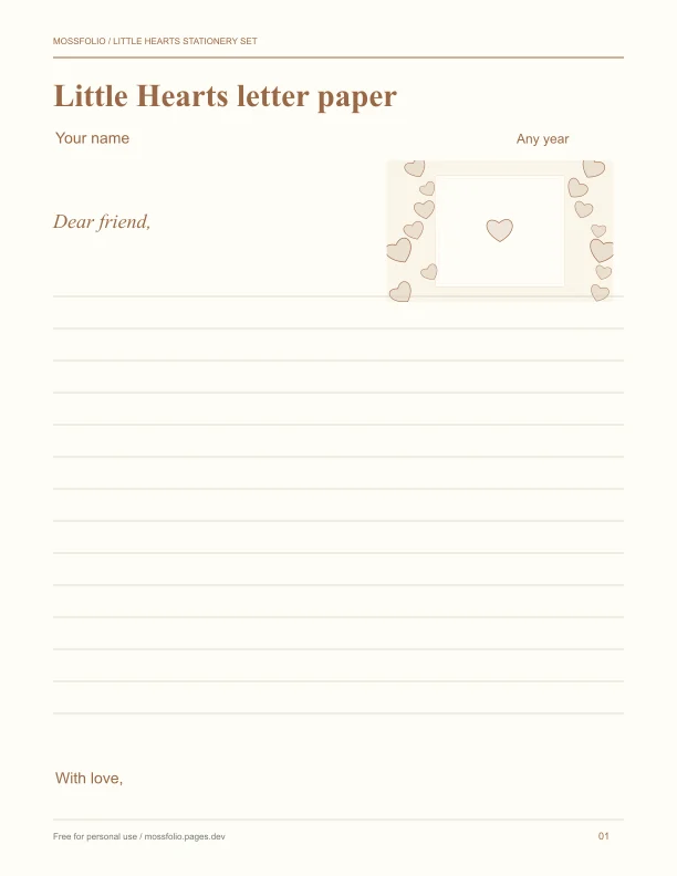 First page of Little Hearts Stationery Set; four-page free printable PDF