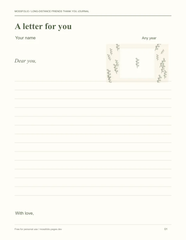 First page of Long-Distance Friends Thank You Journal; four-page free printable PDF