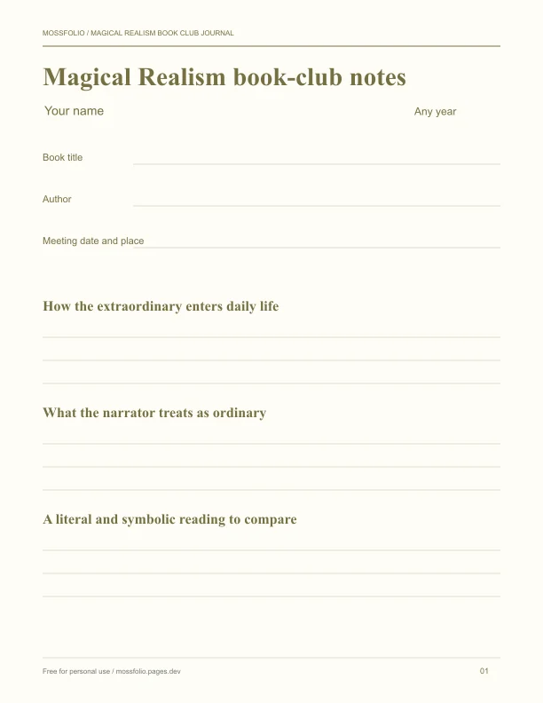 First page of Magical Realism Book Club Journal; four-page free printable PDF