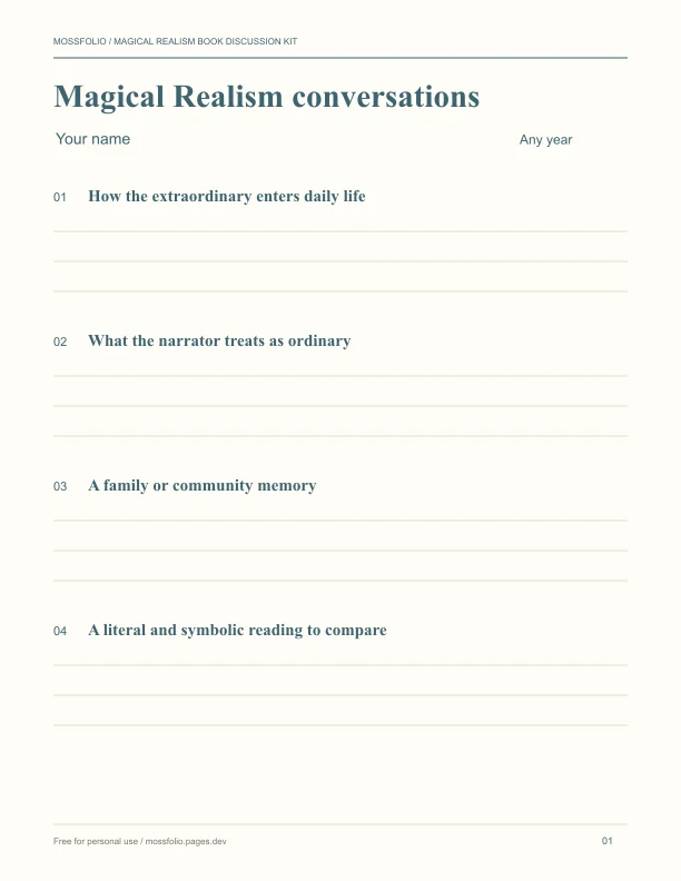 First page of Magical Realism Book Discussion Kit; four-page free printable PDF