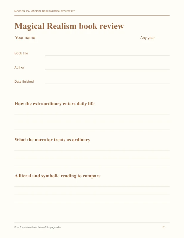 First page of Magical Realism Book Review Kit; four-page free printable PDF