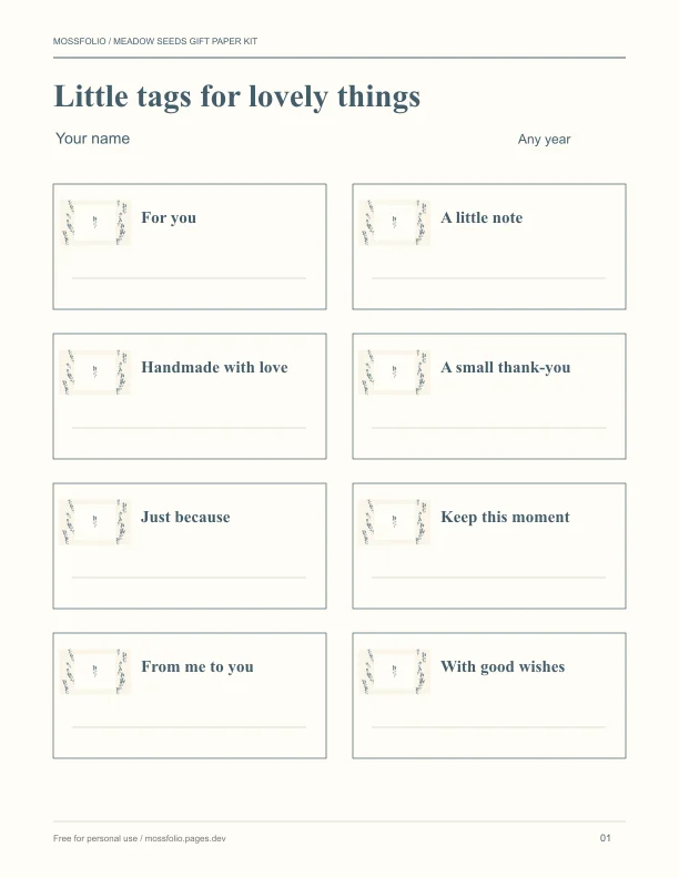 First page of Meadow Seeds Gift Paper Kit; four-page free printable PDF