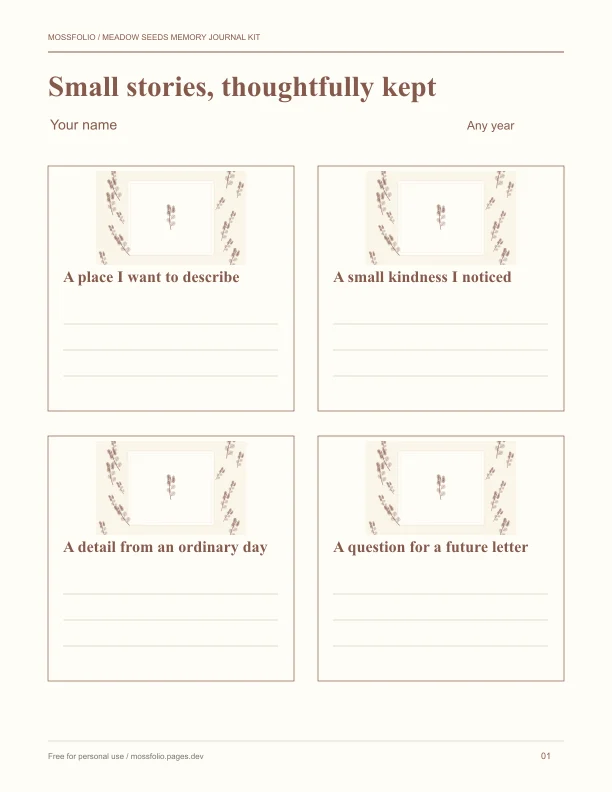 First page of Meadow Seeds Memory Journal Kit; four-page free printable PDF