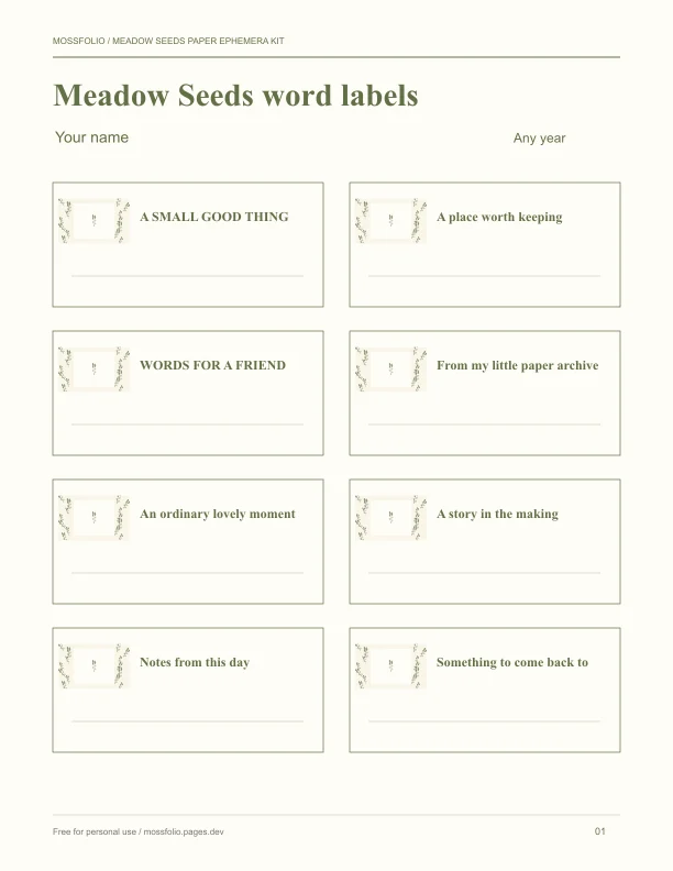 First page of Meadow Seeds Paper Ephemera Kit; four-page free printable PDF