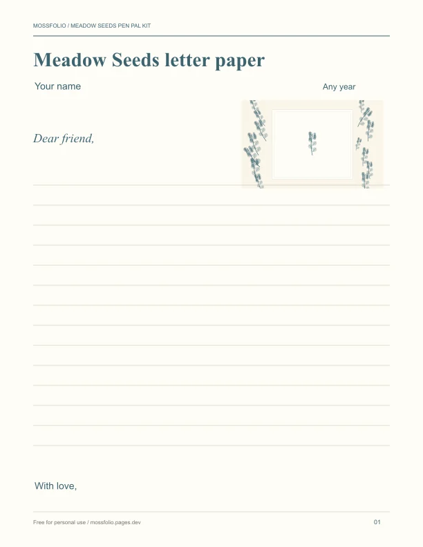 First page of Meadow Seeds Pen Pal Kit; four-page free printable PDF