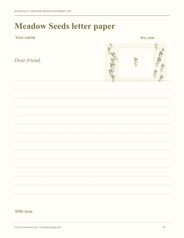 First page of Meadow Seeds Stationery Set; four-page free printable PDF