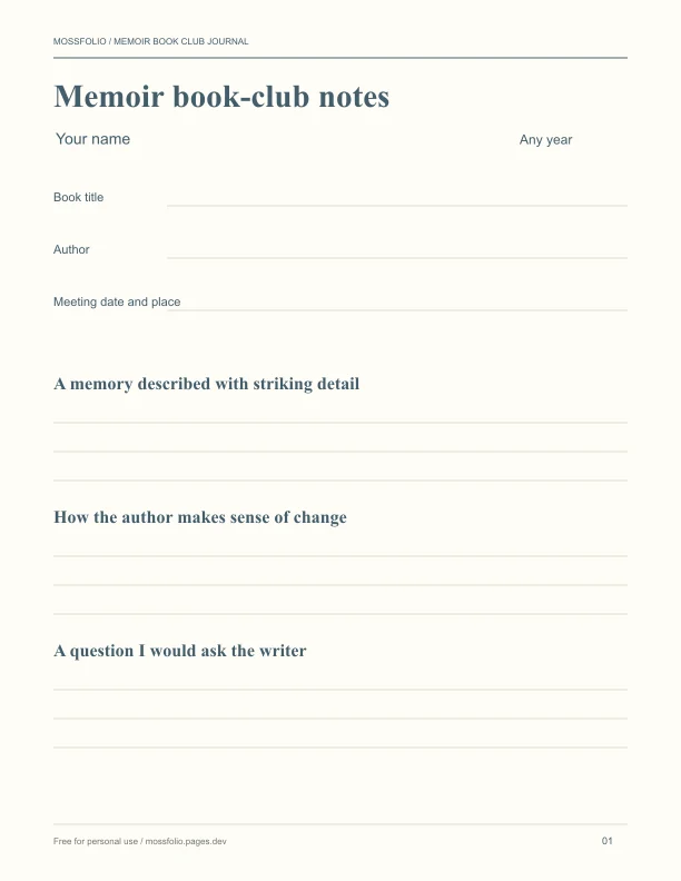 First page of Memoir Book Club Journal; four-page free printable PDF