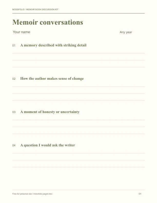First page of Memoir Book Discussion Kit; four-page free printable PDF