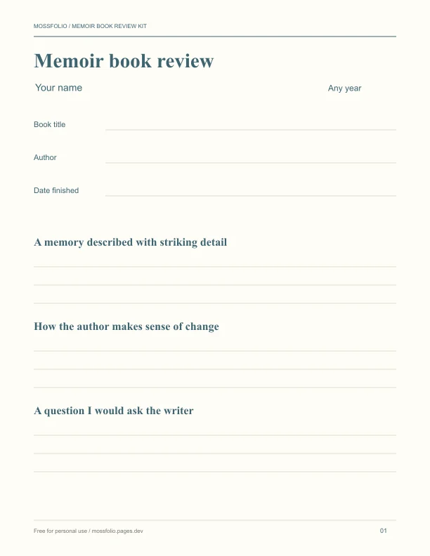 First page of Memoir Book Review Kit; four-page free printable PDF