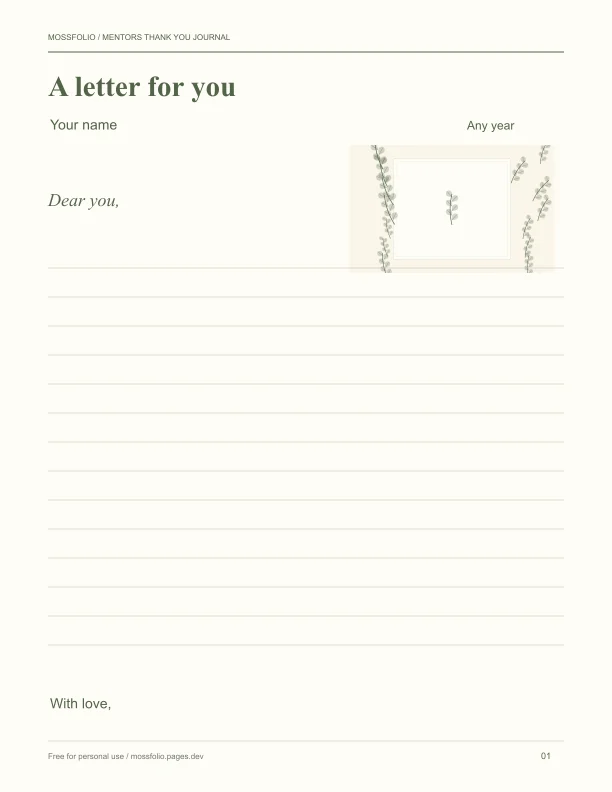First page of Mentors Thank You Journal; four-page free printable PDF