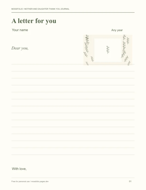 First page of Mother and Daughter Thank You Journal; four-page free printable PDF