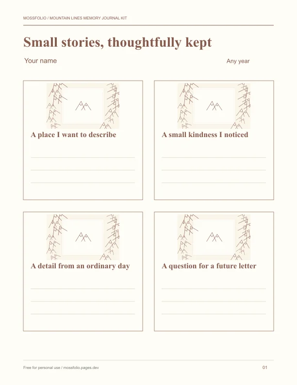 First page of Mountain Lines Memory Journal Kit; four-page free printable PDF
