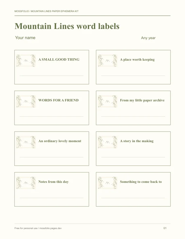 First page of Mountain Lines Paper Ephemera Kit; four-page free printable PDF