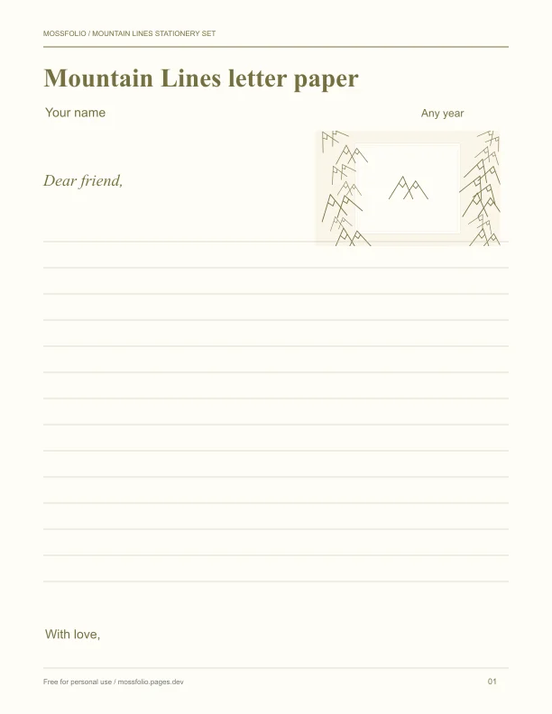 First page of Mountain Lines Stationery Set; four-page free printable PDF