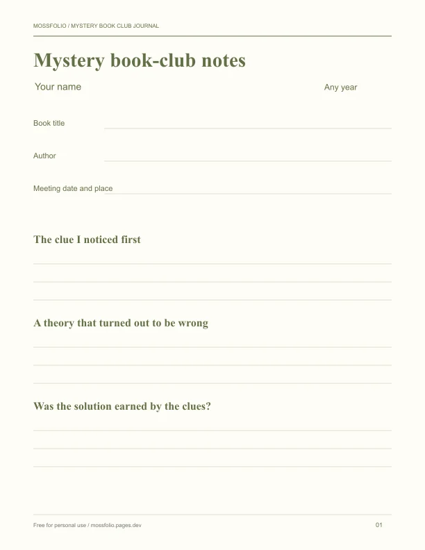 First page of Mystery Book Club Journal; four-page free printable PDF