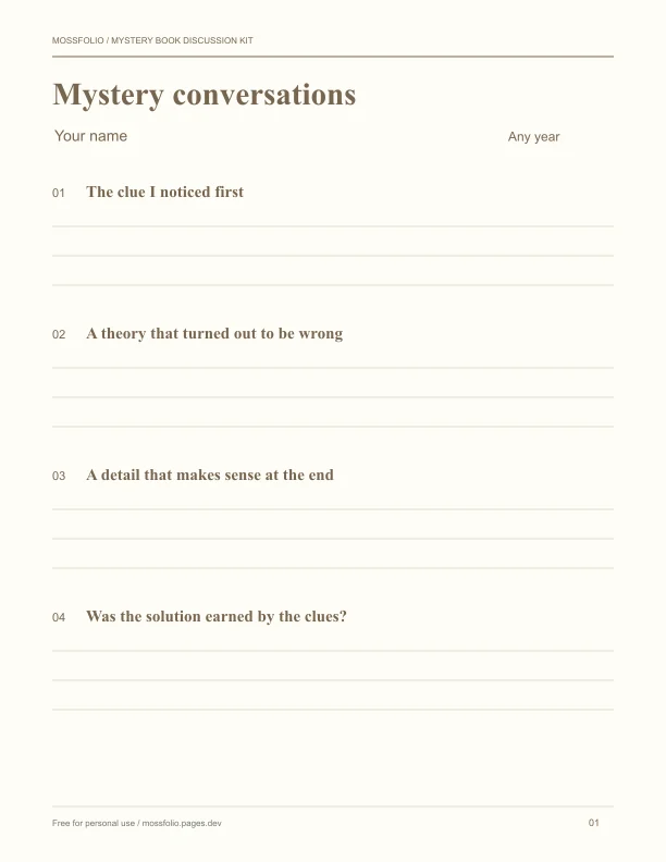 First page of Mystery Book Discussion Kit; four-page free printable PDF