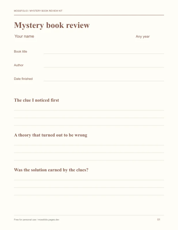 First page of Mystery Book Review Kit; four-page free printable PDF