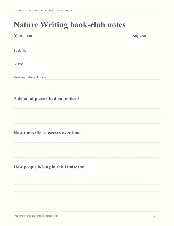 First page of Nature Writing Book Club Journal; four-page free printable PDF
