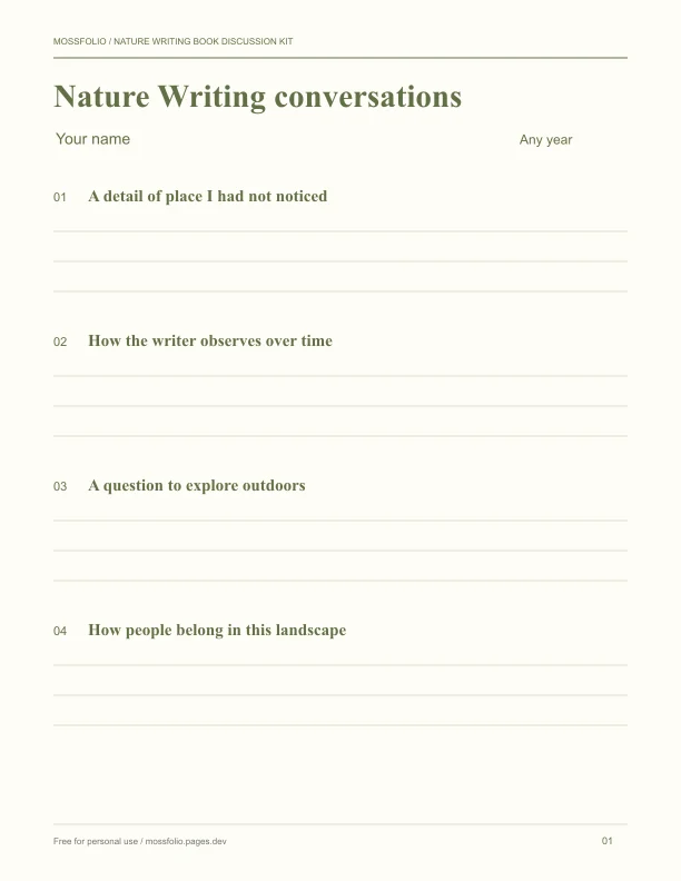 First page of Nature Writing Book Discussion Kit; four-page free printable PDF