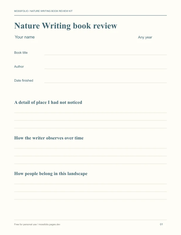 First page of Nature Writing Book Review Kit; four-page free printable PDF