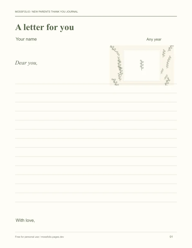 First page of New Parents Thank You Journal; four-page free printable PDF