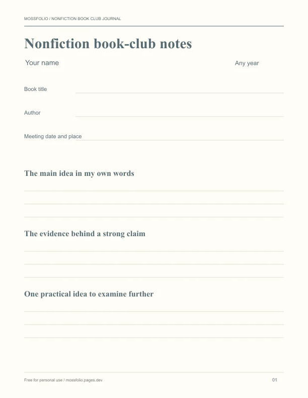 First page of Nonfiction Book Club Journal; four-page free printable PDF