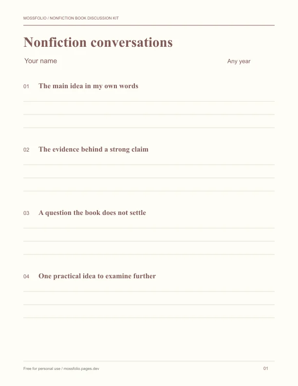 First page of Nonfiction Book Discussion Kit; four-page free printable PDF