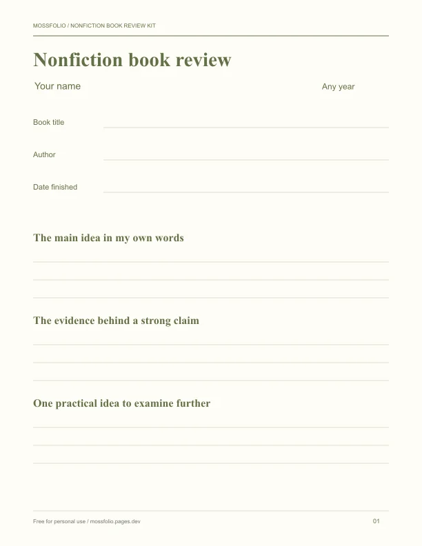 First page of Nonfiction Book Review Kit; four-page free printable PDF