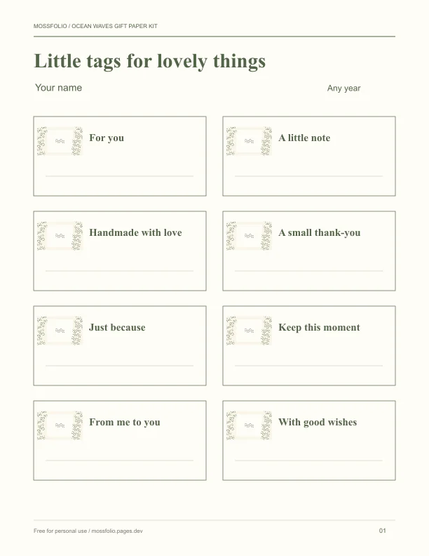 First page of Ocean Waves Gift Paper Kit; four-page free printable PDF