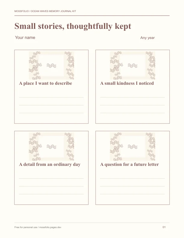 First page of Ocean Waves Memory Journal Kit; four-page free printable PDF