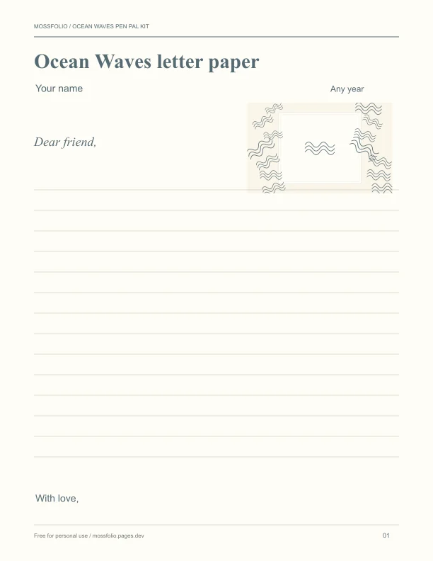 First page of Ocean Waves Pen Pal Kit; four-page free printable PDF