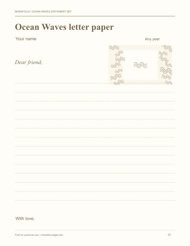 First page of Ocean Waves Stationery Set; four-page free printable PDF