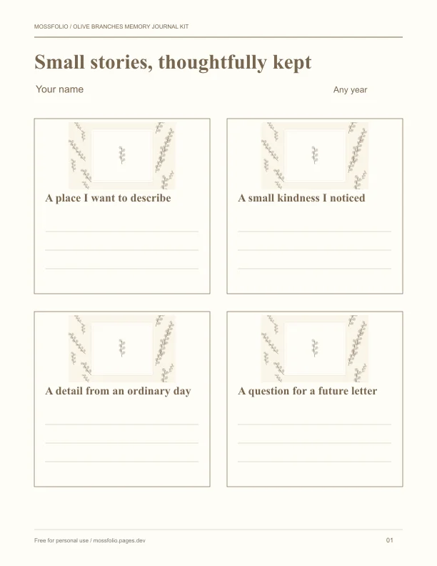 First page of Olive Branches Memory Journal Kit; four-page free printable PDF