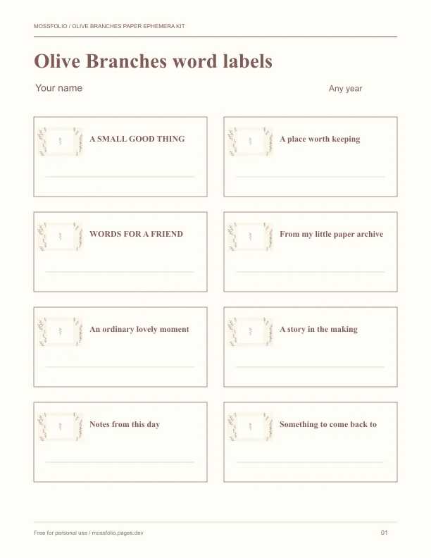 First page of Olive Branches Paper Ephemera Kit; four-page free printable PDF