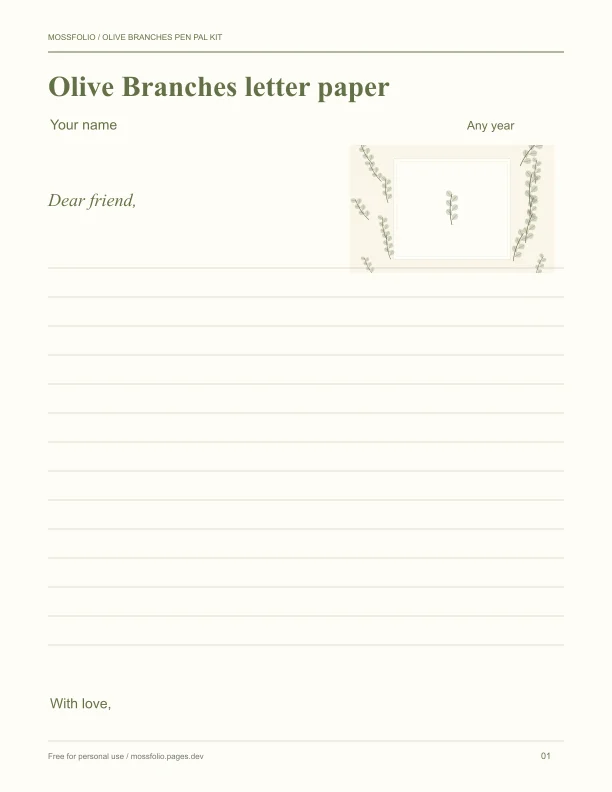 First page of Olive Branches Pen Pal Kit; four-page free printable PDF